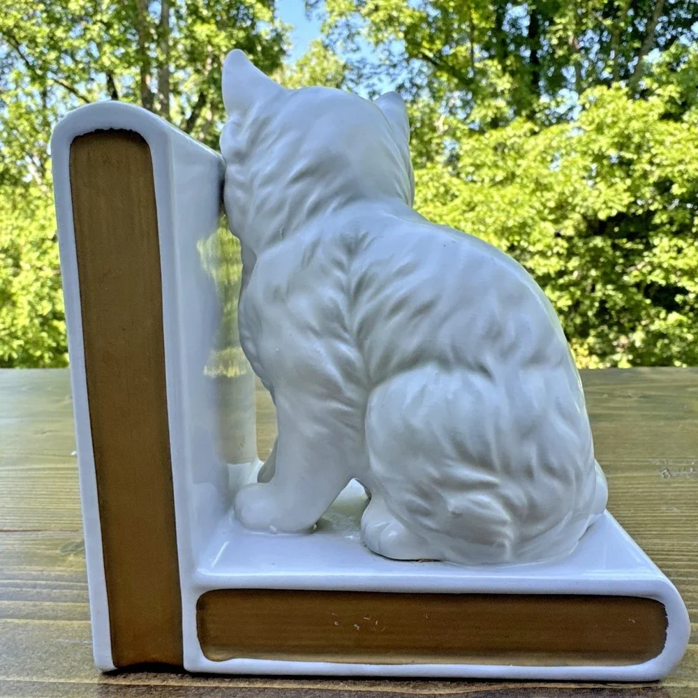 Vintage Lefton Japan White Cat Bookends Ceramic Persian Kitten Book Ends - Picture 6 of 16